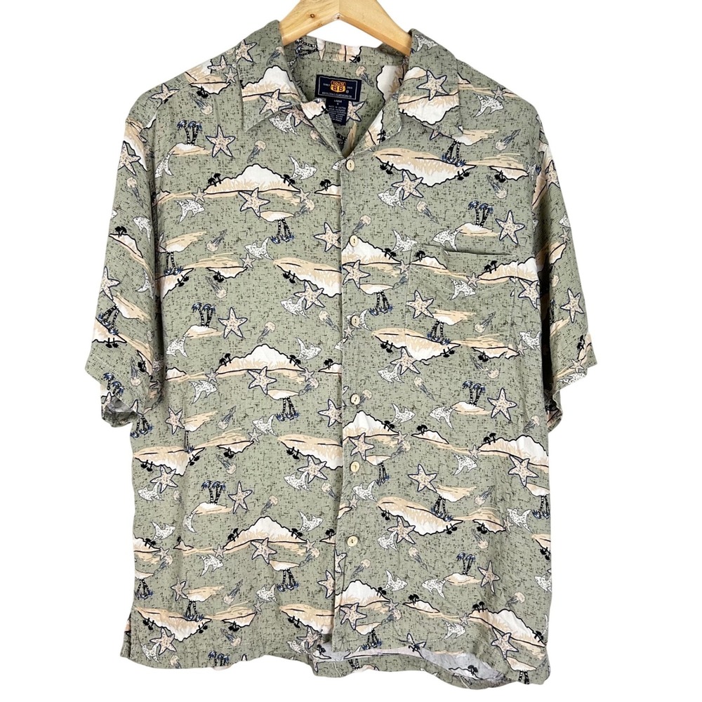 VTG Route 66 Hawaiian Shirt Island Fish Print Sage Green Mens Large Cotton Beach